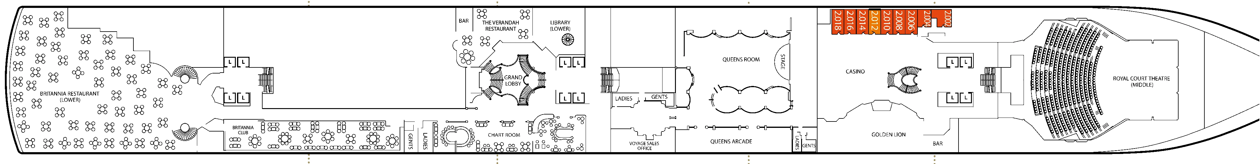 Queen Victoria, Deck 2: official cabin and venue layout