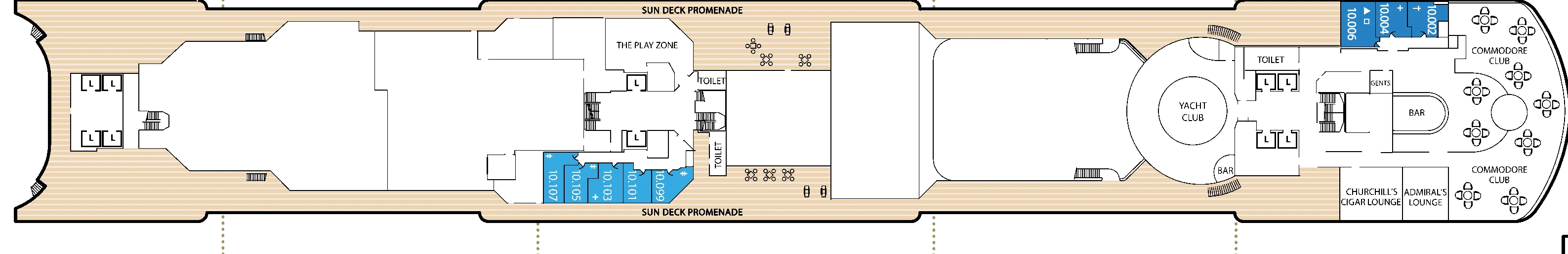 Queen Victoria, Deck 10: official cabin and venue layout