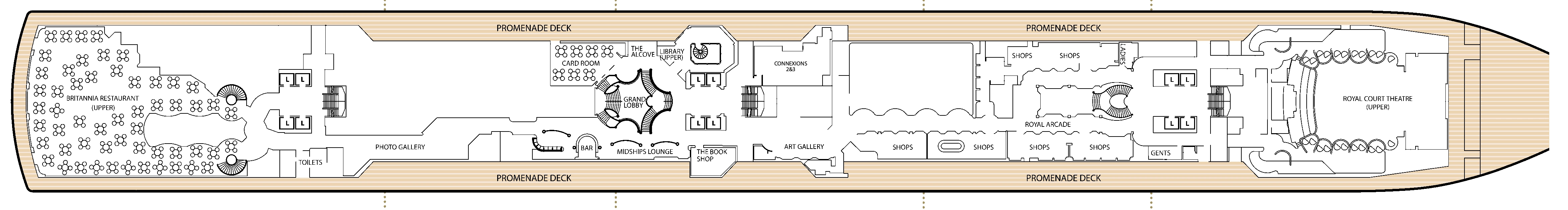 Queen Victoria, Deck 3: official cabin and venue layout