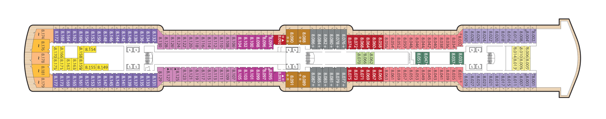 Queen Victoria, Deck 8: official cabin and venue layout