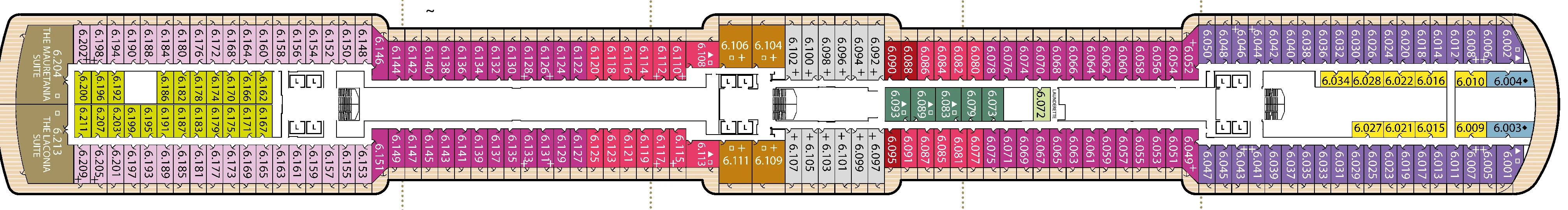 Queen Victoria, Deck 6: official cabin and venue layout