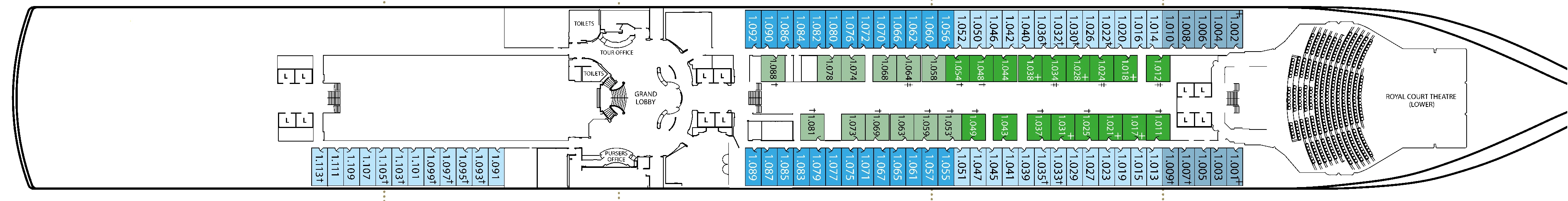 Queen Victoria, Deck 1: official cabin and venue layout