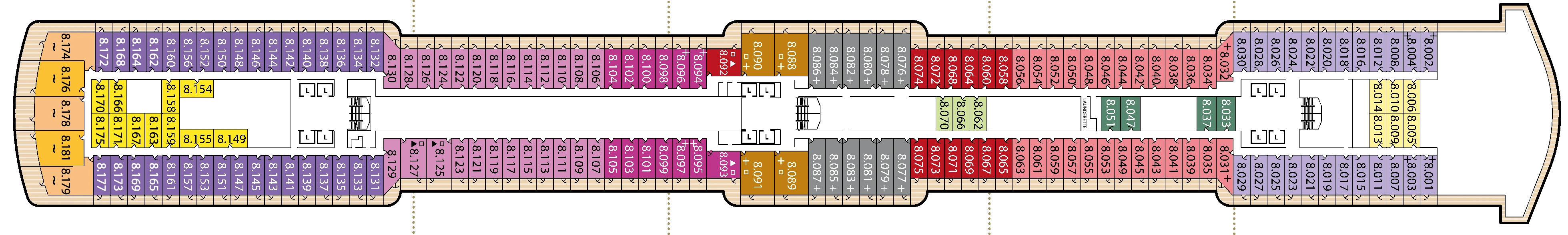 Queen Victoria, Deck 8: official cabin and venue layout