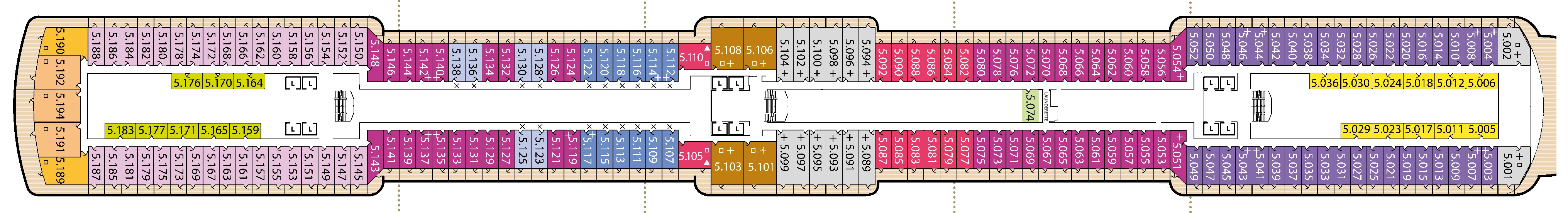 Queen Victoria, Deck 5: official cabin and venue layout