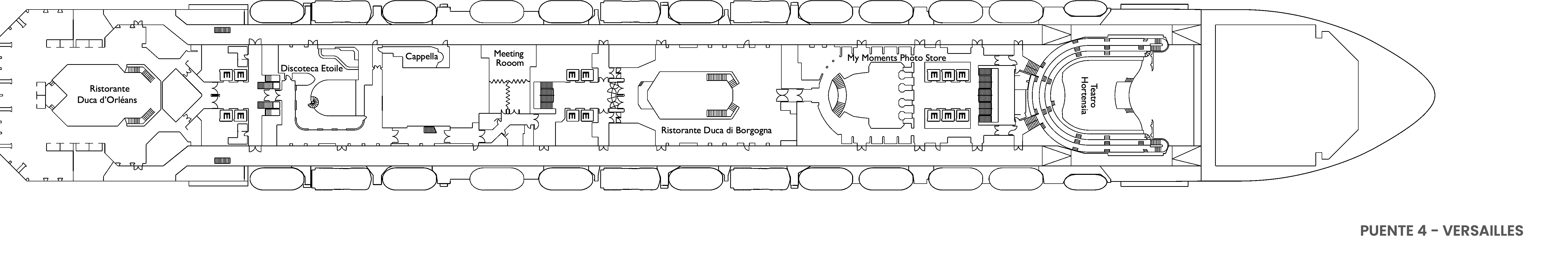 Costa Favolosa, Deck 4: official cabin and venue layout