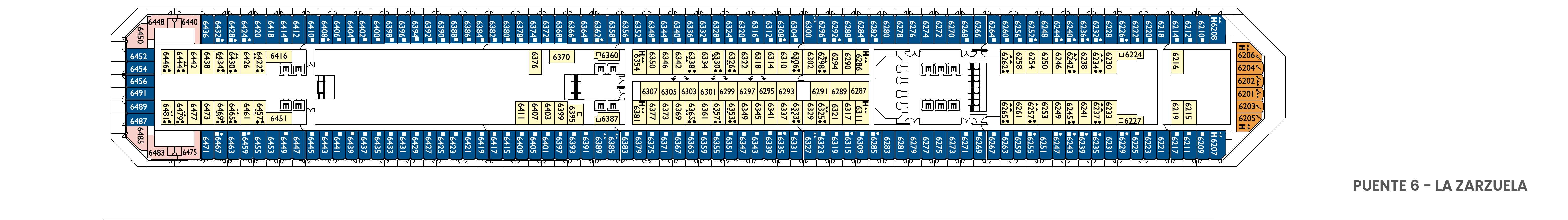 Costa Favolosa, Deck 6: official cabin and venue layout