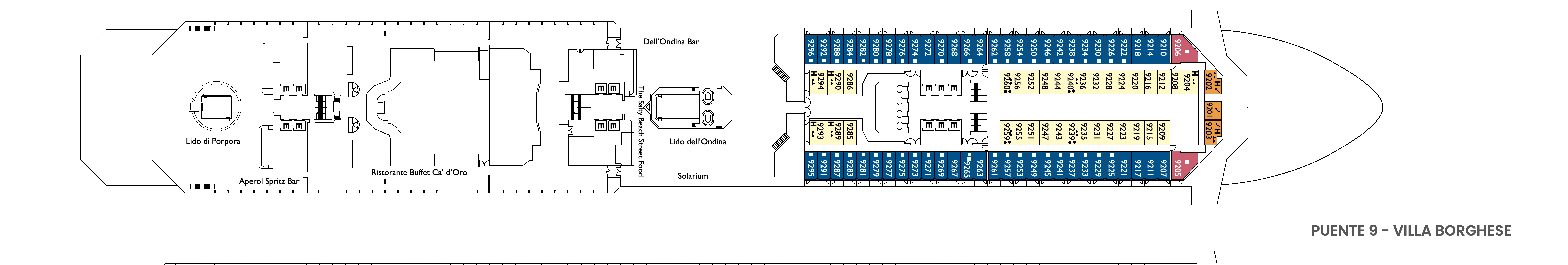 Costa Favolosa, Deck 9: official cabin and venue layout