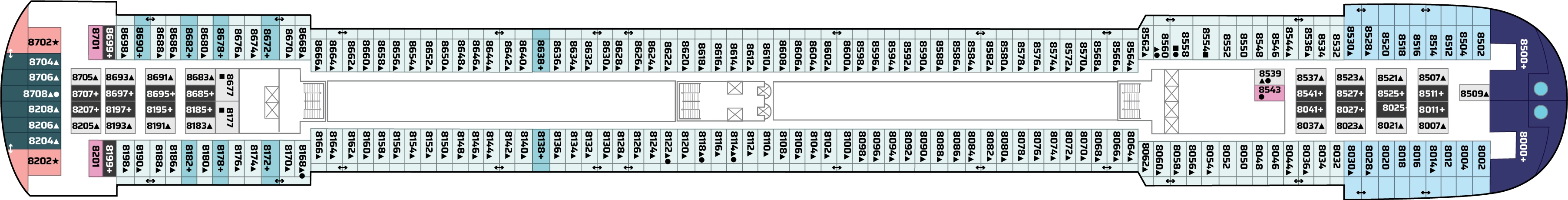 Pride of America, Deck 8: official cabin and venue layout