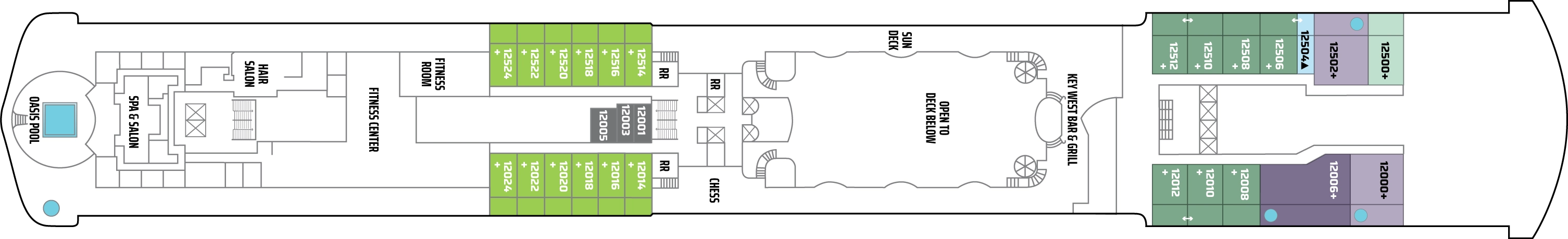 Pride of America, Deck 12: official cabin and venue layout