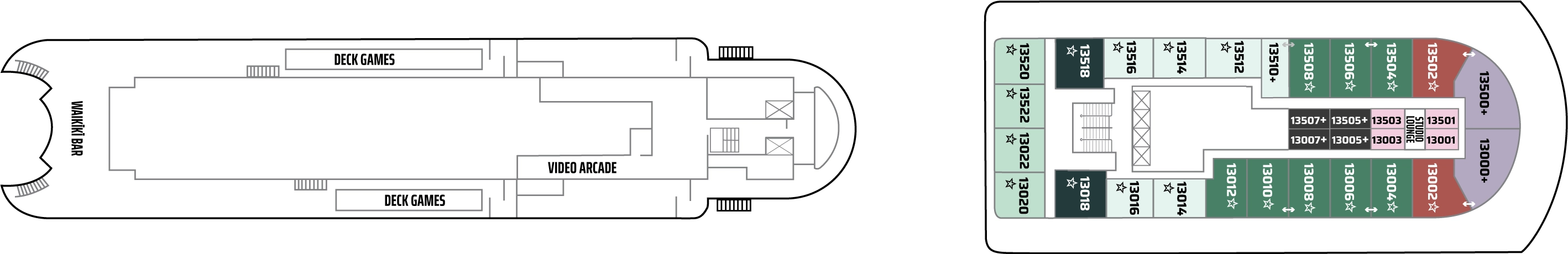 Pride of America, Deck 13: official cabin and venue layout