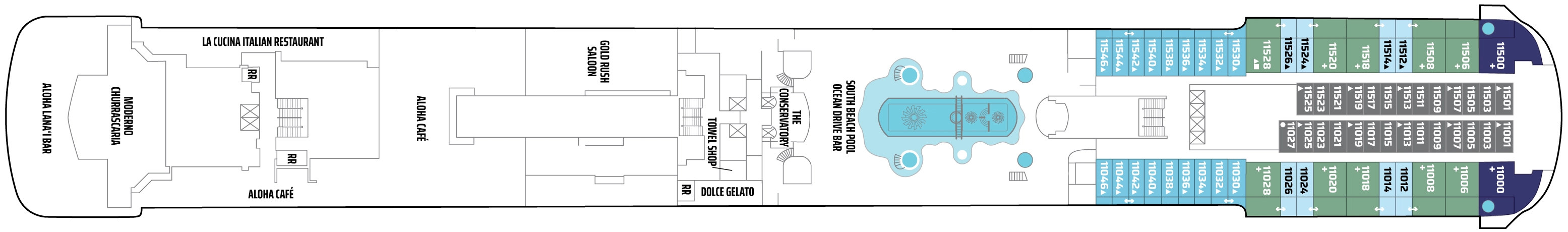 Pride of America, Deck 11: official cabin and venue layout
