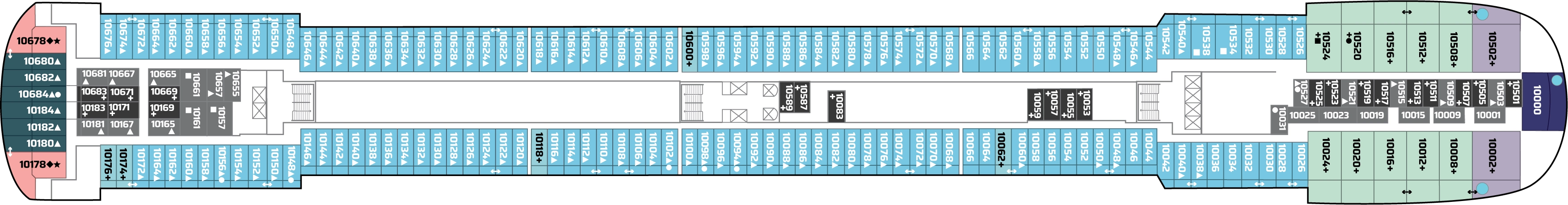 Pride of America, Deck 10: official cabin and venue layout