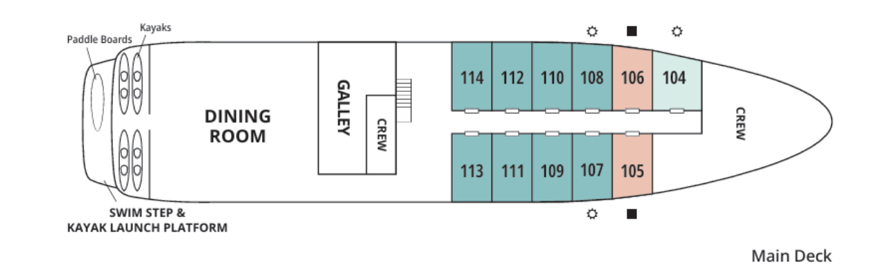 Wilderness Explorer, Deck 1: official cabin and venue layout