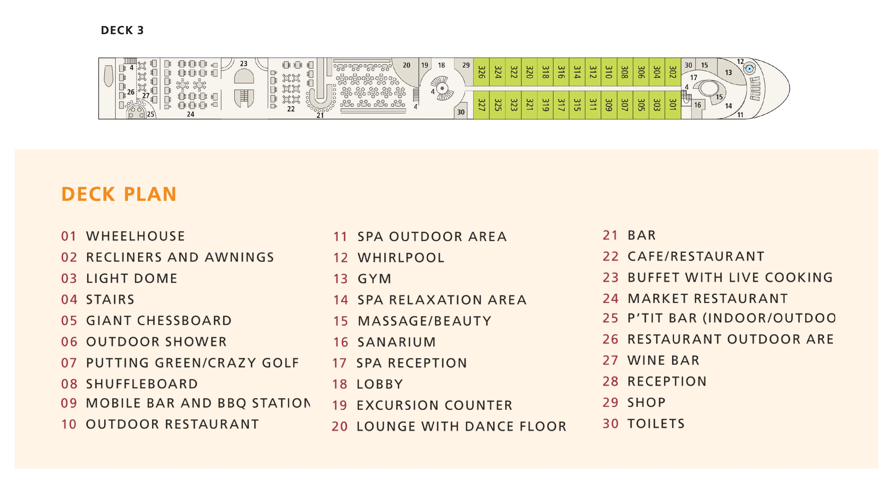 A-ROSA Aqua, Deck 3: official cabin and venue layout