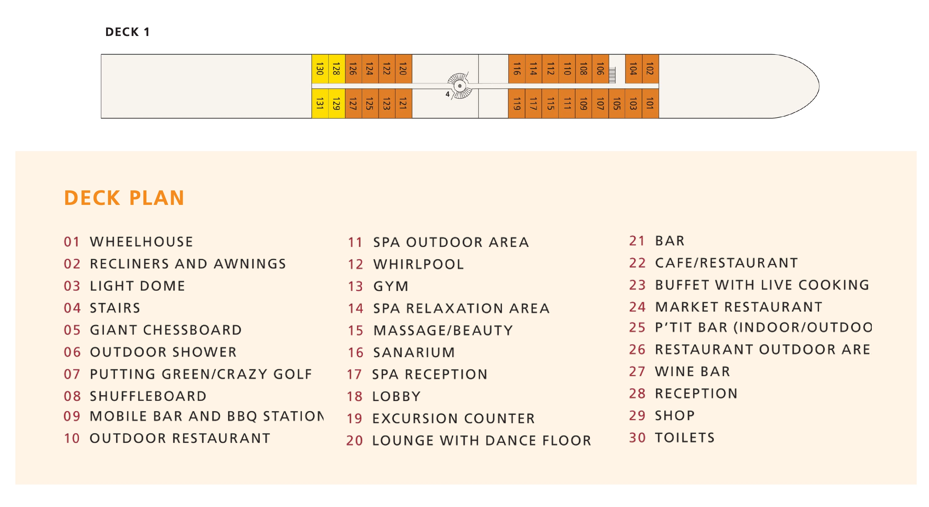 A-ROSA Aqua, Deck 1: official cabin and venue layout