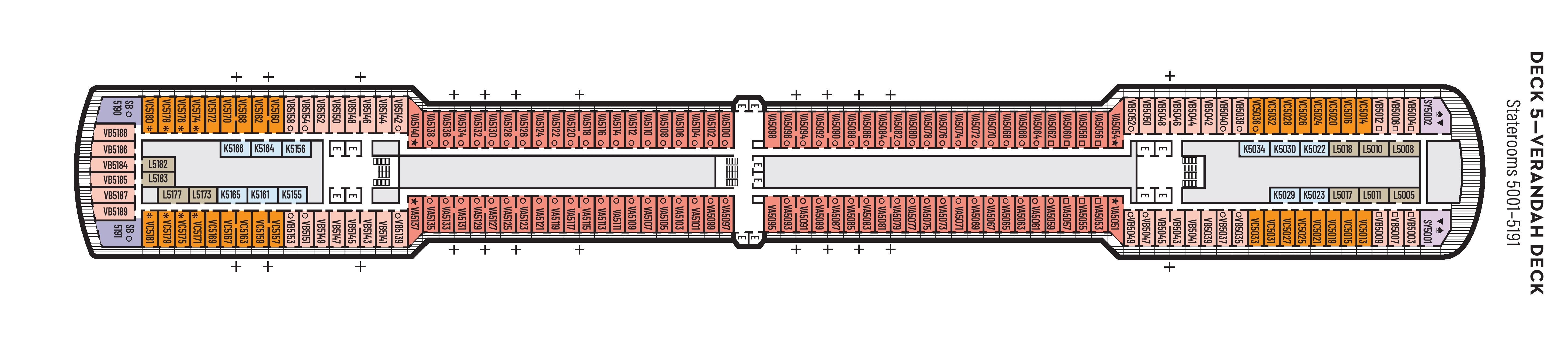 Noordam, Deck 5: official cabin and venue layout