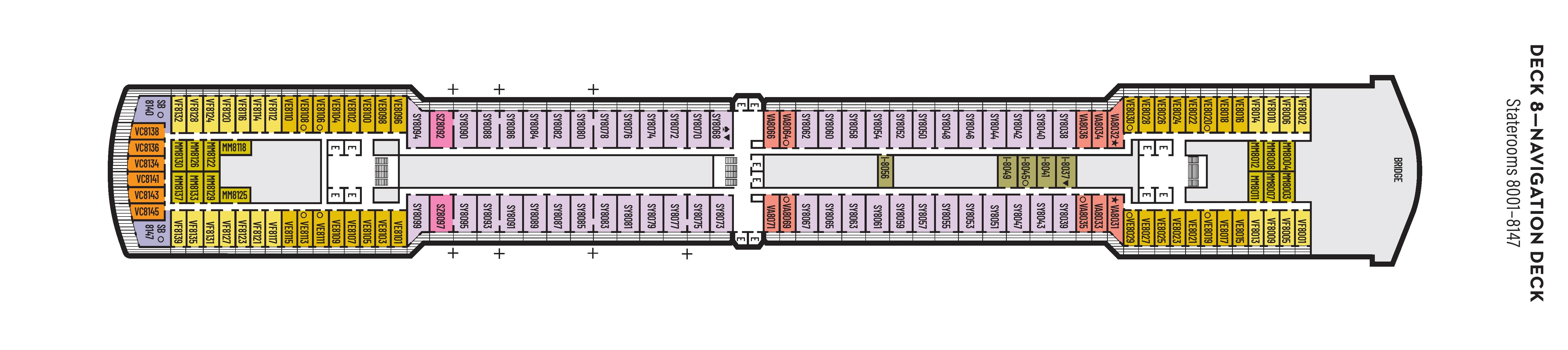 Noordam, Deck 8: official cabin and venue layout