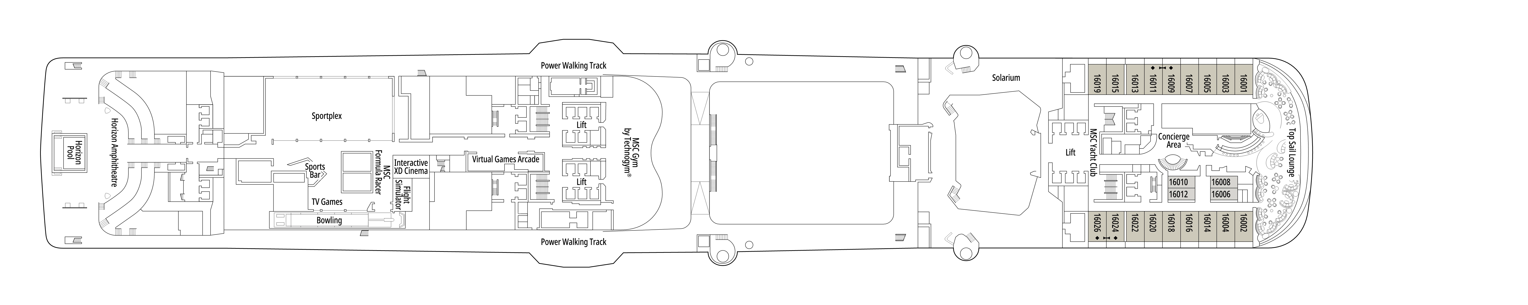 MSC Meraviglia, Deck 16: official cabin and venue layout