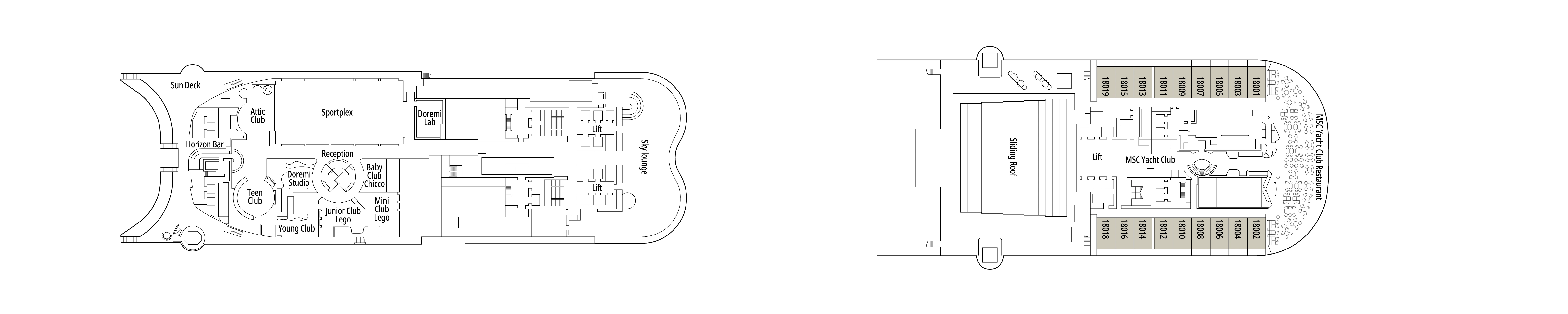 MSC Meraviglia, Deck 18: official cabin and venue layout