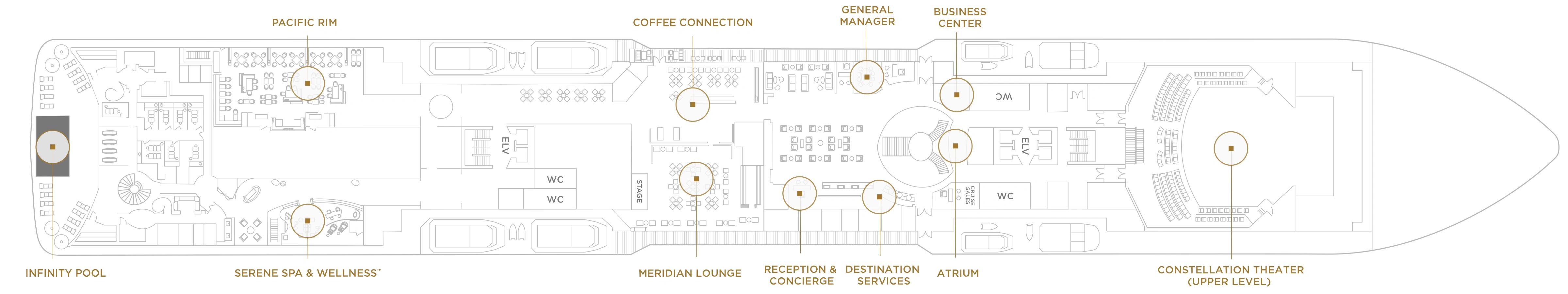 Seven Seas Splendor, Deck 5: official cabin and venue layout