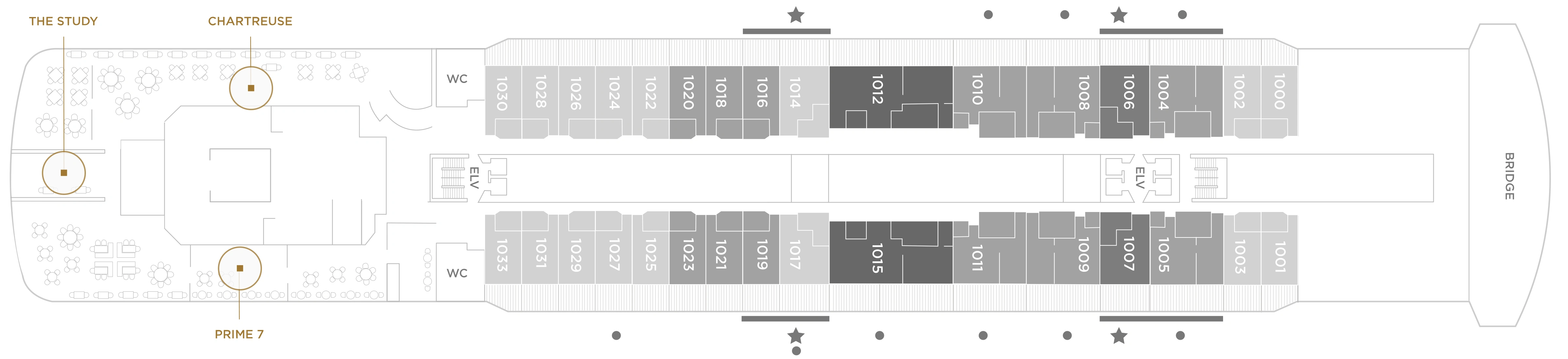 Seven Seas Splendor, Deck 10: official cabin and venue layout