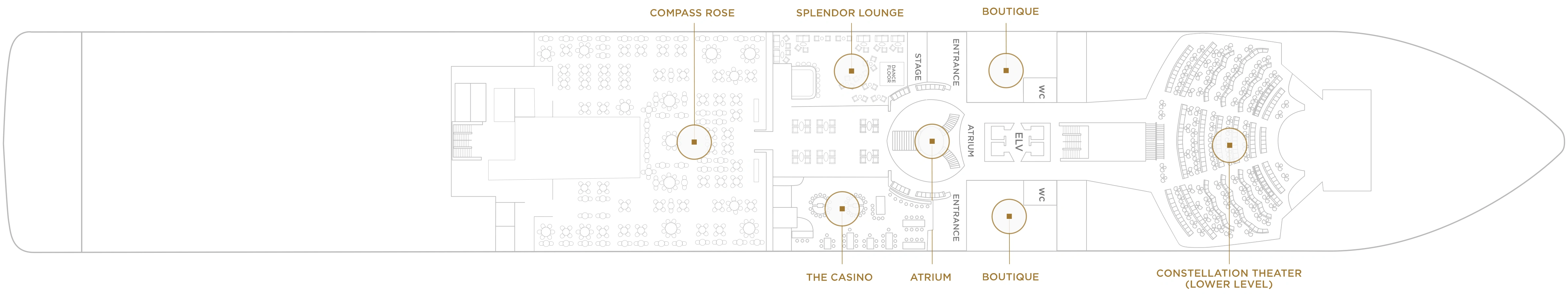 Seven Seas Splendor, Deck 4: official cabin and venue layout