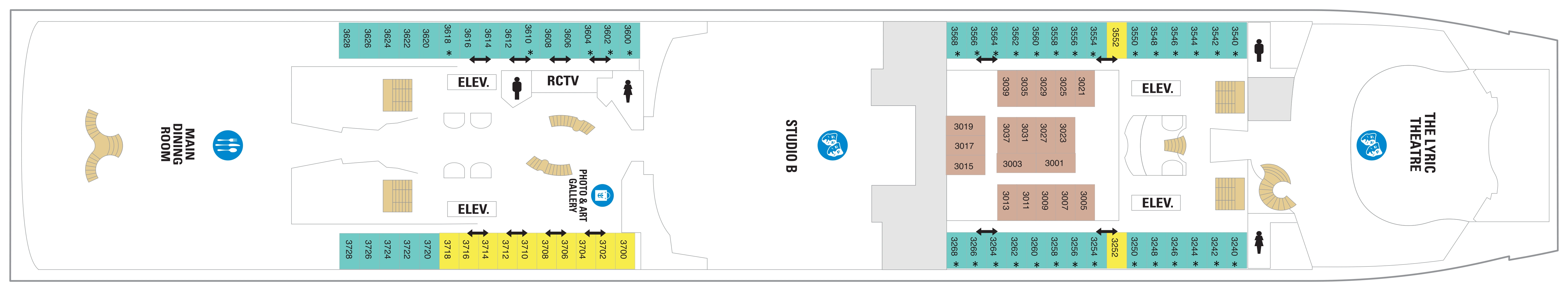 Adventure of the Seas, Deck 3: official cabin and venue layout