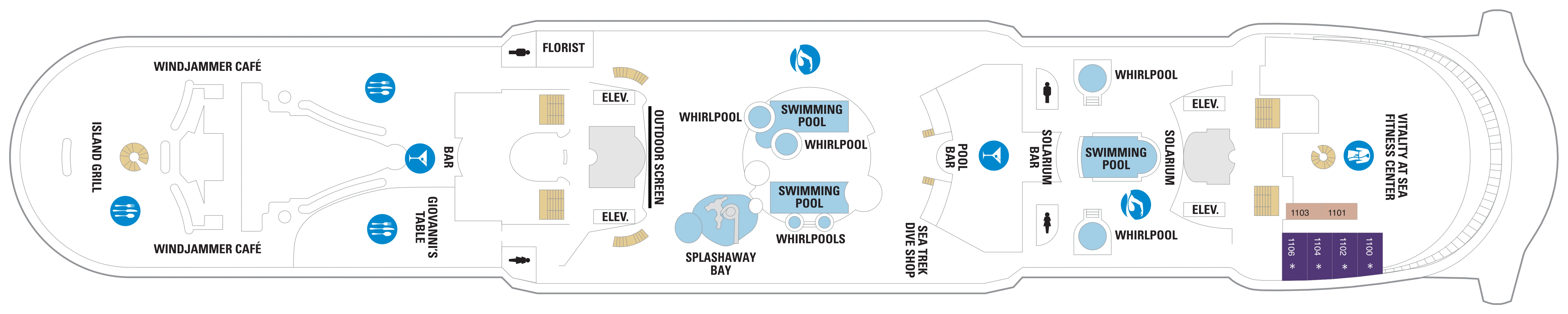 Adventure of the Seas, Deck 11: official cabin and venue layout