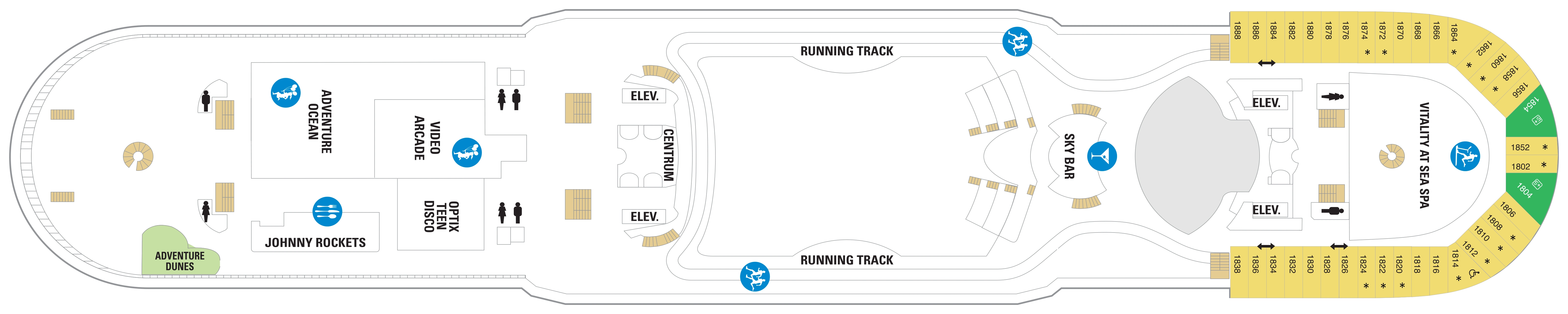 Adventure of the Seas, Deck 12: official cabin and venue layout