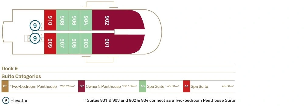 Scenic Eclipse II, Deck 9: official cabin and venue layout