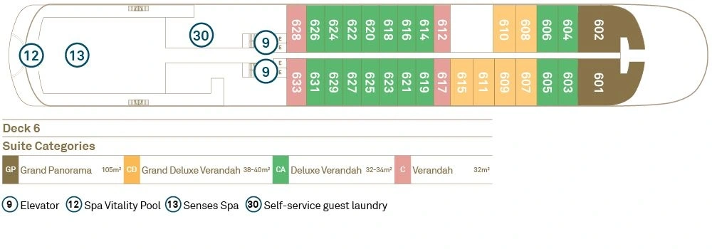 Scenic Eclipse II, Deck 6: official cabin and venue layout