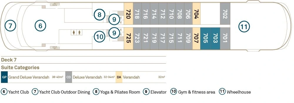 Scenic Eclipse II, Deck 7: official cabin and venue layout