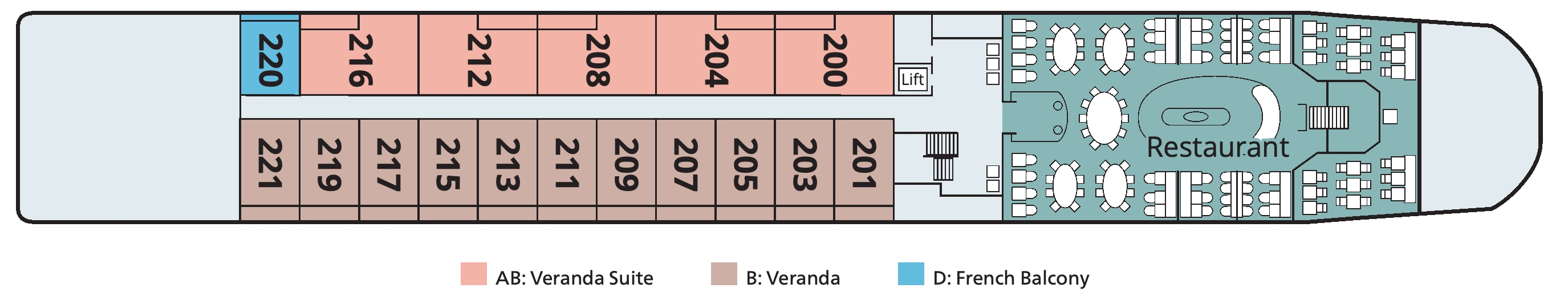 Viking Sol, Deck 2: official cabin and venue layout