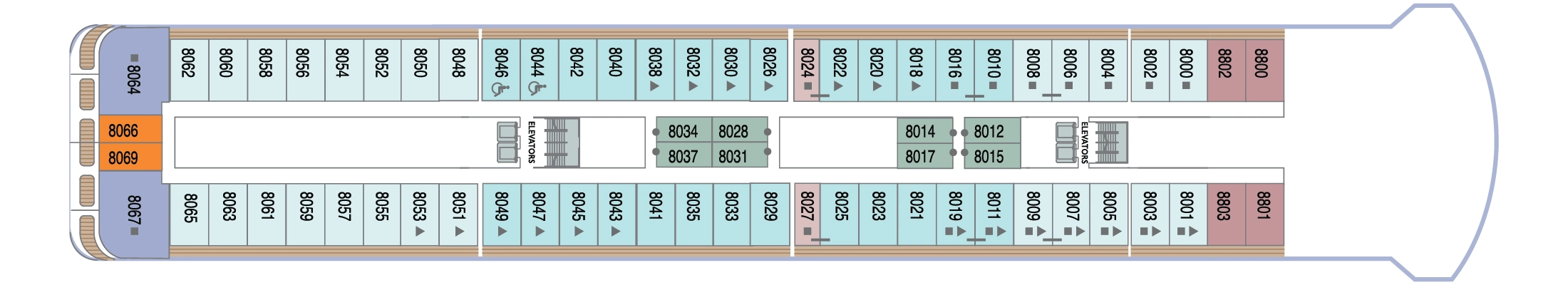 Azamara Onward, Deck 8: official cabin and venue layout