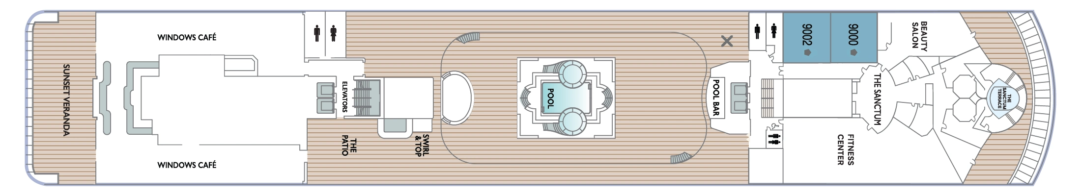 Azamara Onward, Deck 9: official cabin and venue layout