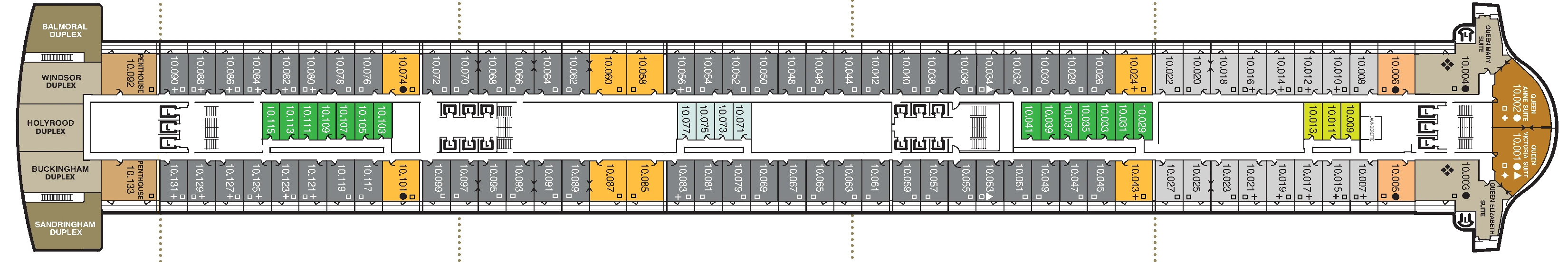 Queen Mary 2, Deck 10: official cabin and venue layout