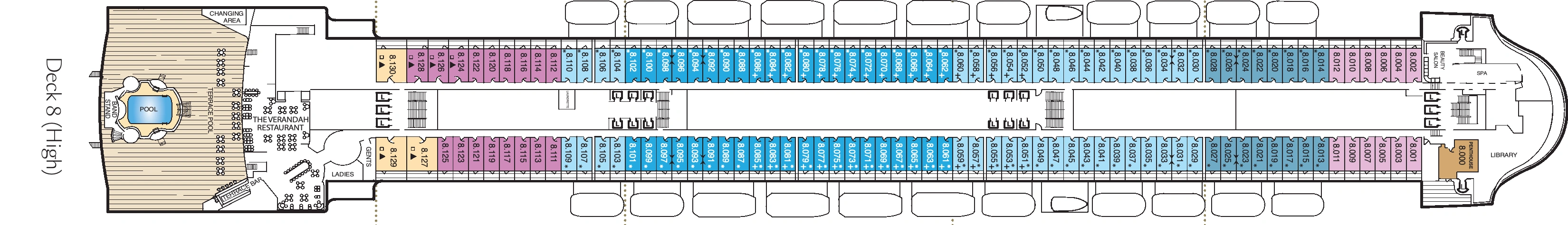 Queen Mary 2, Deck 8: official cabin and venue layout