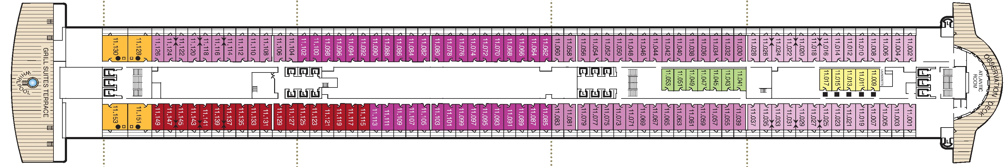 Queen Mary 2, Deck 11: official cabin and venue layout