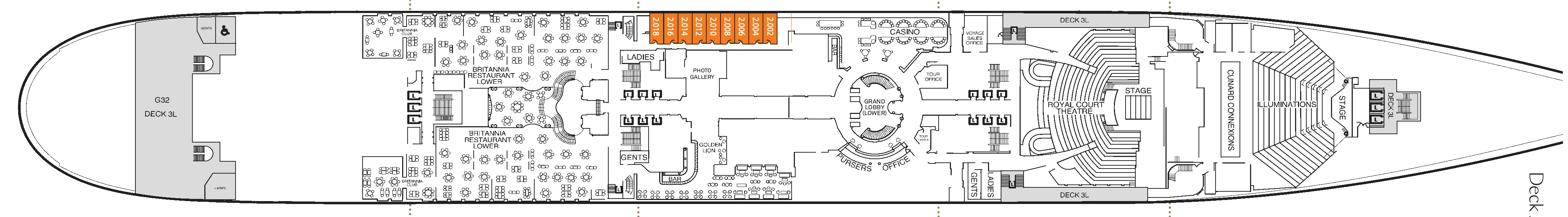 Queen Mary 2, Deck 2: official cabin and venue layout