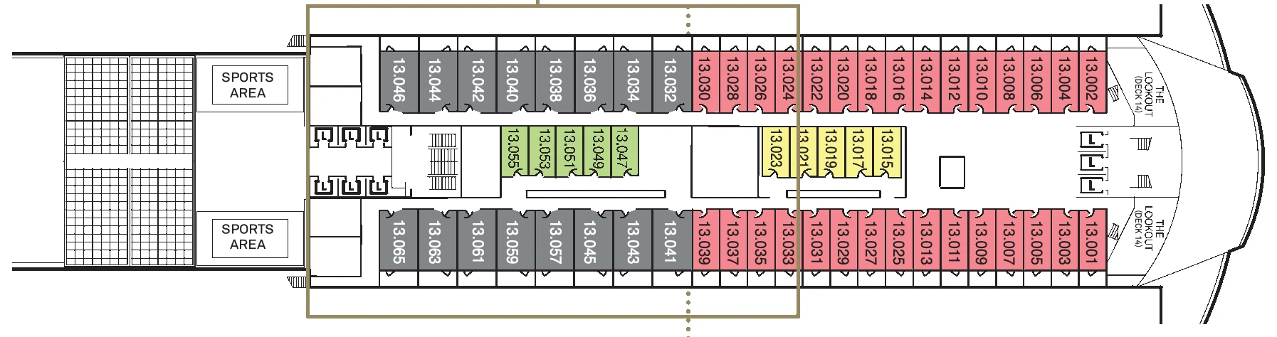Queen Mary 2, Deck 13: official cabin and venue layout