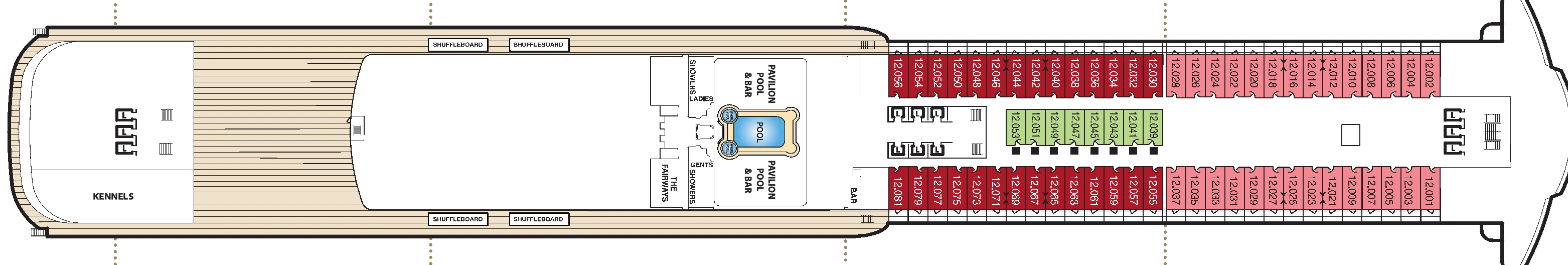 Queen Mary 2, Deck 12: official cabin and venue layout