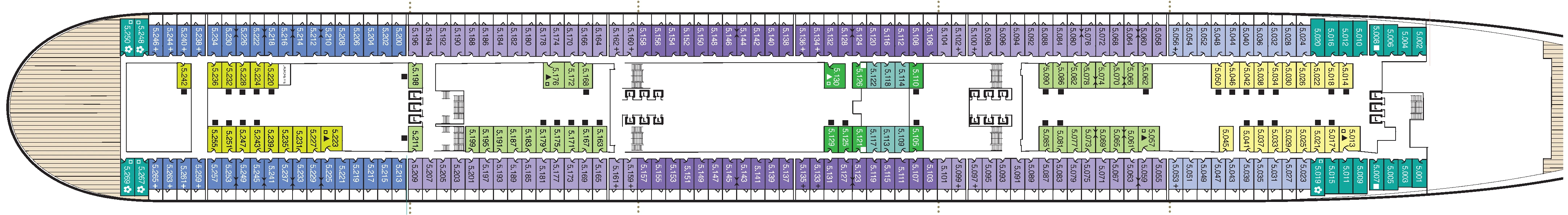 Queen Mary 2, Deck 5: official cabin and venue layout