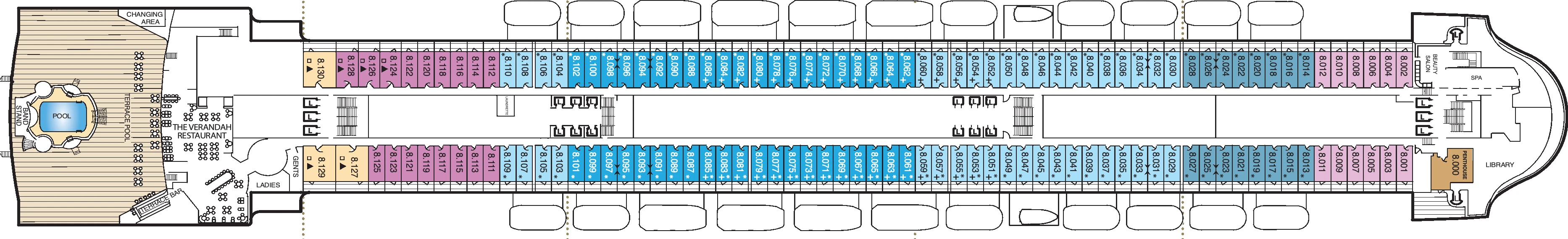 Queen Mary 2, Deck 8: official cabin and venue layout