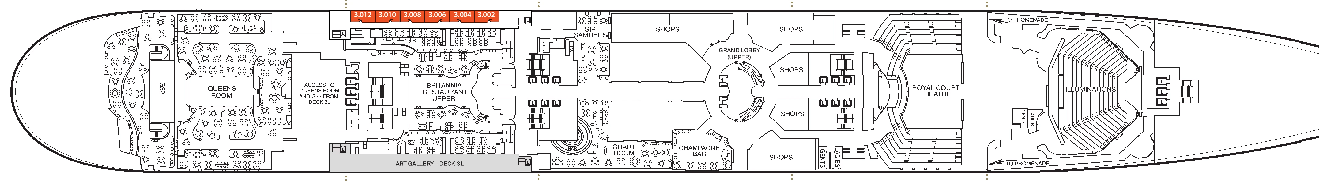 Queen Mary 2, Deck 3: official cabin and venue layout