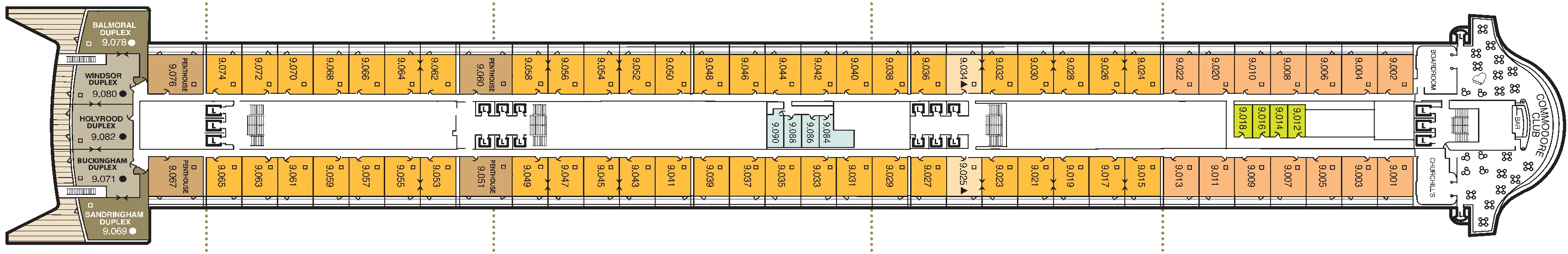 Queen Mary 2, Deck 9: official cabin and venue layout
