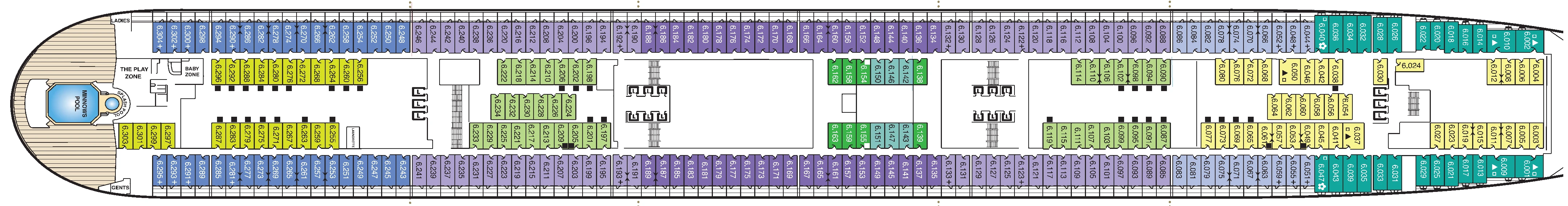 Queen Mary 2, Deck 6: official cabin and venue layout