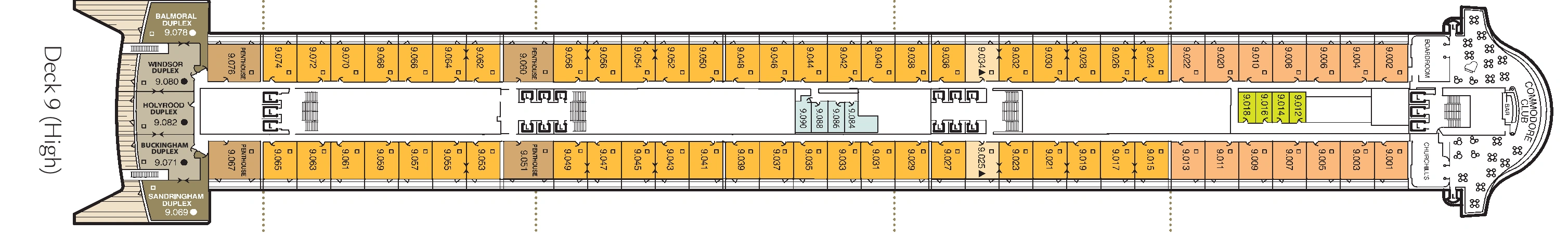 Queen Mary 2, Deck 9: official cabin and venue layout