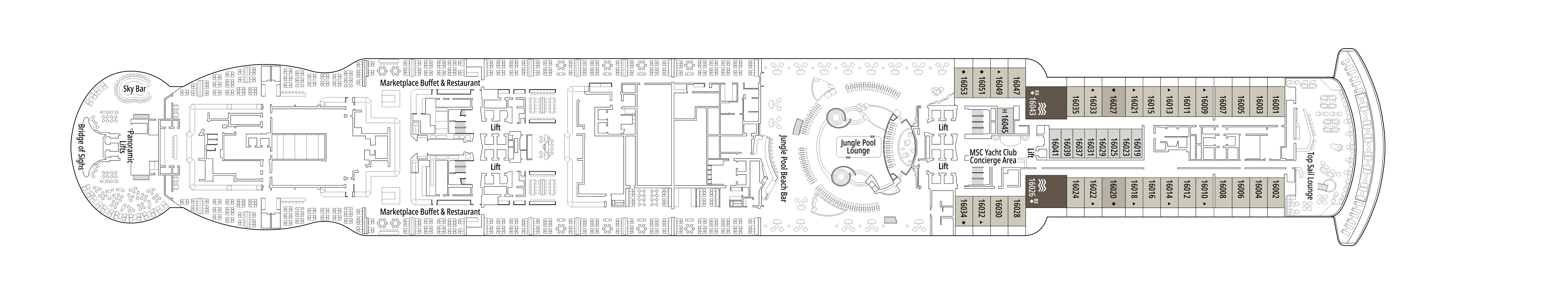 MSC Seascape, Deck 16: official cabin and venue layout