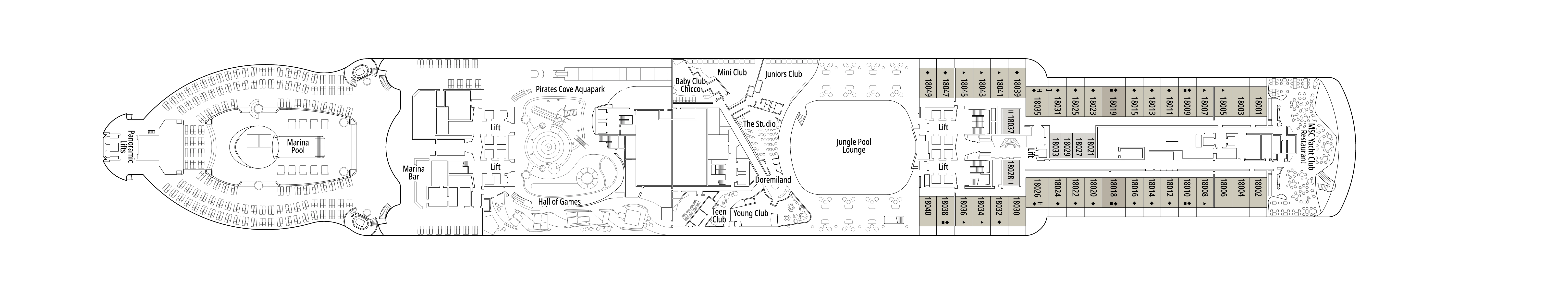 MSC Seascape, Deck 18: official cabin and venue layout