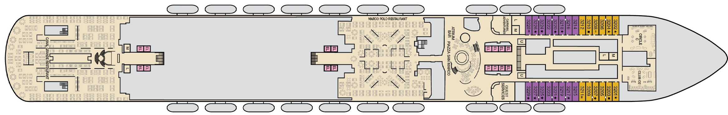 Carnival Venezia, Deck 3: official cabin and venue layout
